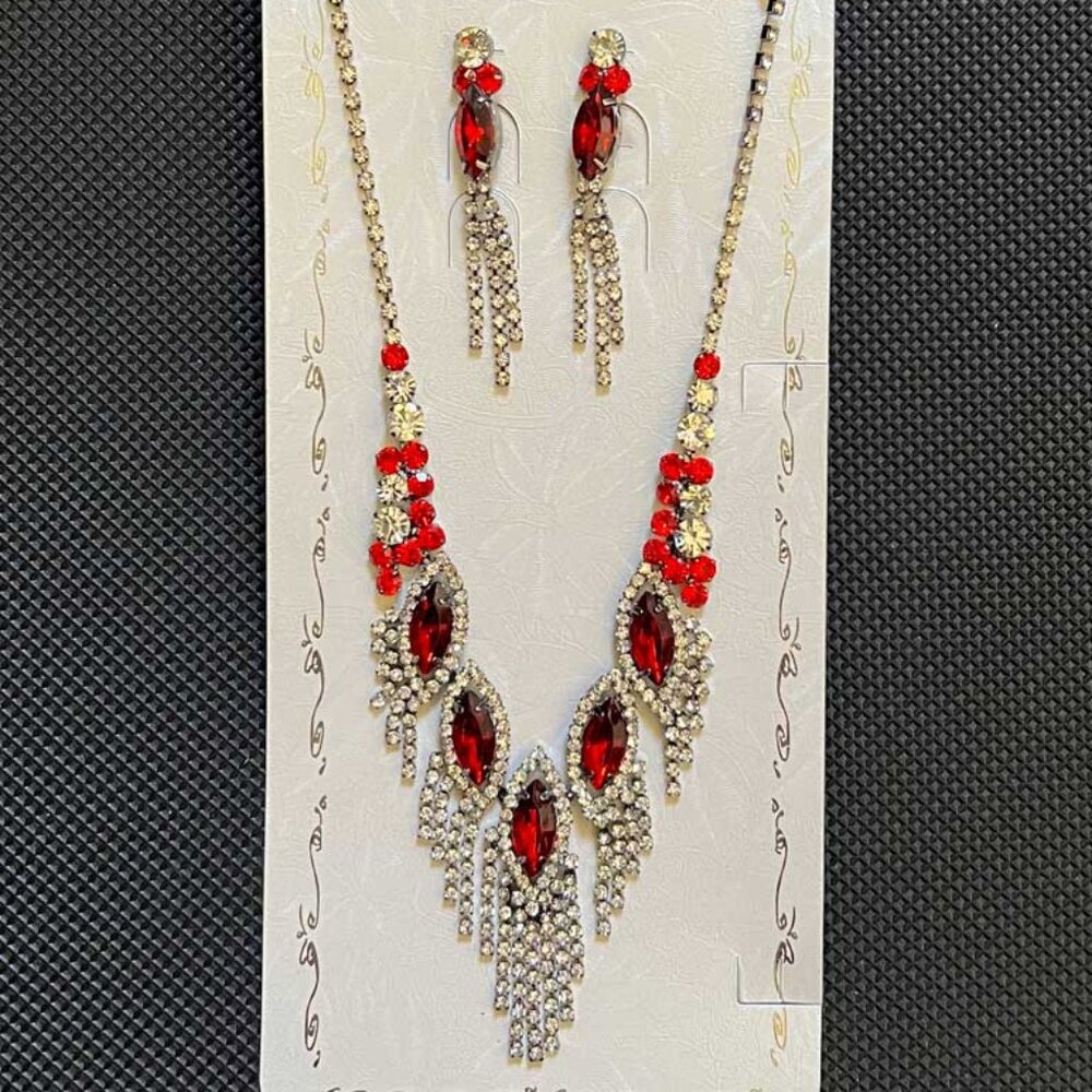 Sparkling Bridal Prom SET Necklace & Earrings Clear & Red Rhinestones